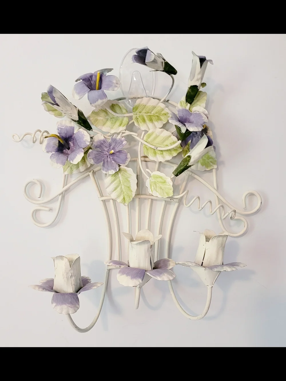 White Metal Floral Wall Sconce with Lavender Flowers